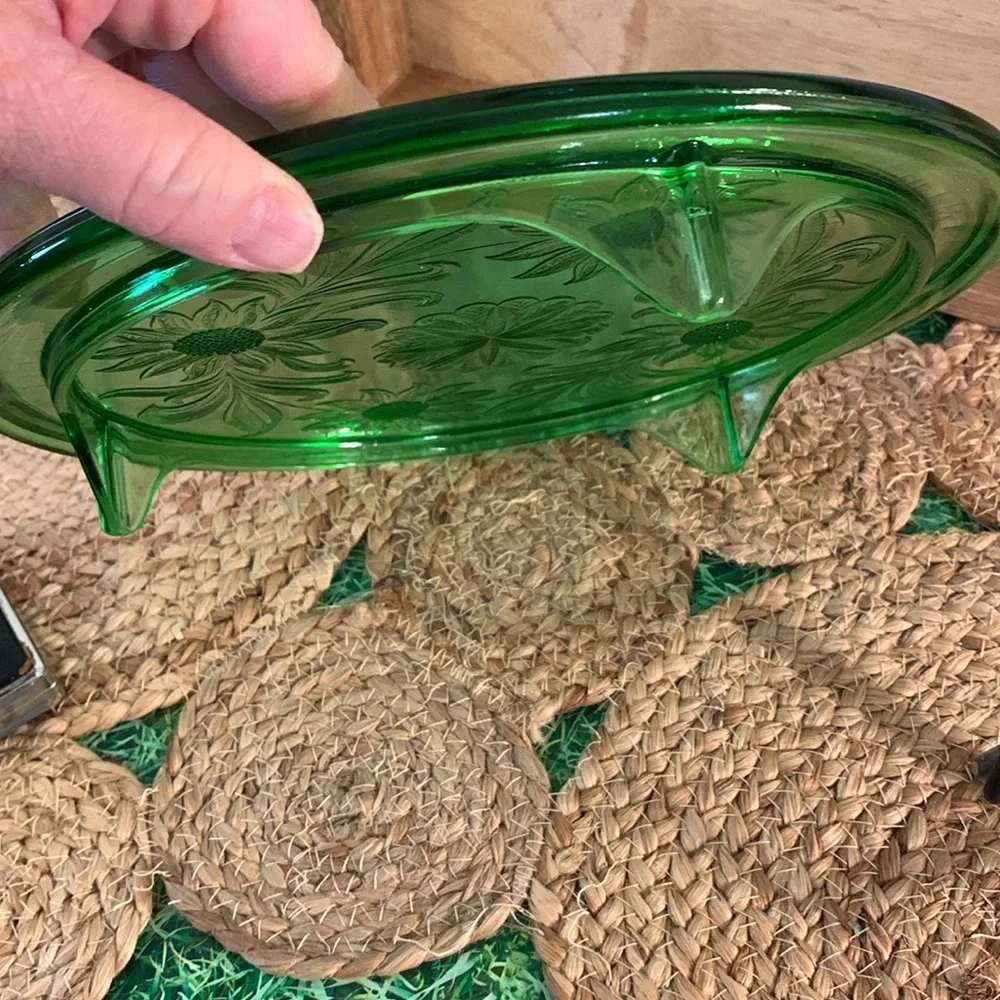 Vintage Jeanette GREEN cake stand plate, floral pattern, depression glass, EUC